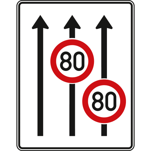 Fahrstreifentafel ohne Gegenverkehr, 3-streifig in Fahrtrichtung mit Geschwindigkeitsbegrenzung 80 km/h, Verkehrszeichen VZ 523-31