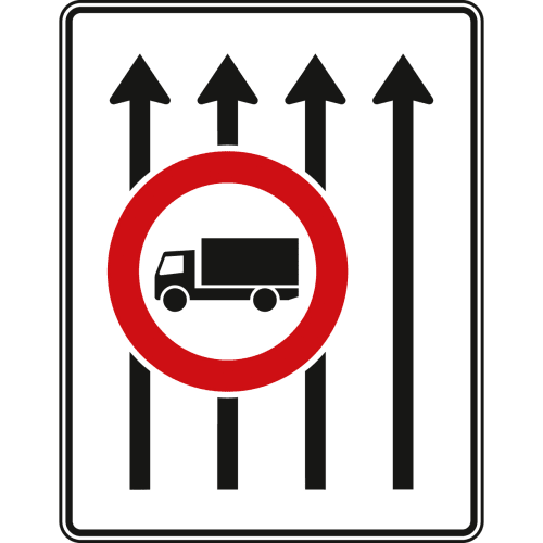 Fahrstreifentafel ohne Gegenverkehr, 4-streifig in Fahrtrichtung mit Verbot für Lastkraftwagen, Verkehrszeichen VZ 524-32