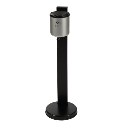 Standascher RONDO SENIOR mit 2,4 Liter Inhalt, silberner Ascher mit schwarzem Deckel auf schwarzem Standfuß