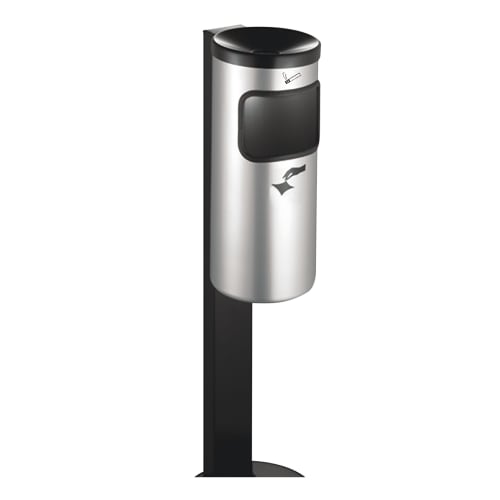 Abfalleimer mit integriertem Ascher RONDO KOMBI aus Edelstahl mit schwarzem Standfuß, 10 Liter Fassungsvermögen