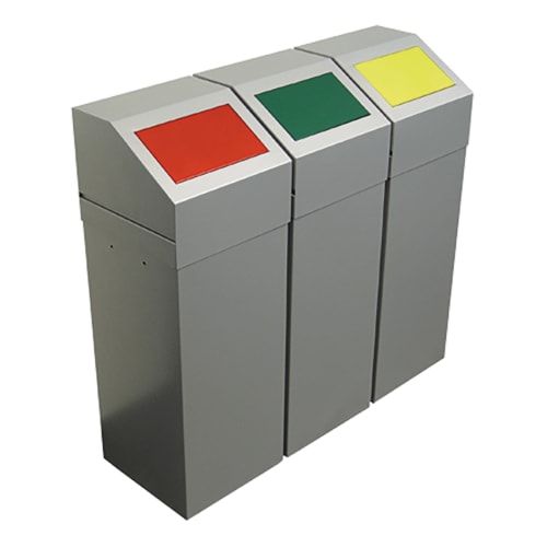 Wertstoffsammler SAUBERMANN / MINI SAUBERMANN mit selbstschließender Einwurfklappe, 3 Fächer mit roten, grünen und gelben Deckeln, Inhalt 65 / 3x 35 Liter