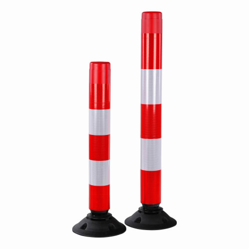 Flexibler Absperrpfosten in rot-weiß mit schwarzer Gummibasis, zwei verschiedene Höhen