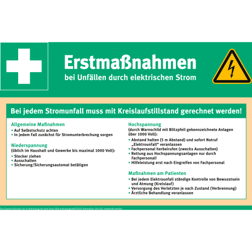 Erstmaßnahmen bei Unfällen durch elektrischen Strom Zusatzschild mit Anweisungen zu Selbstschutz, Stromunterbrechung, Niederspannung, Hochspannung und Maßnahmen am Patienten