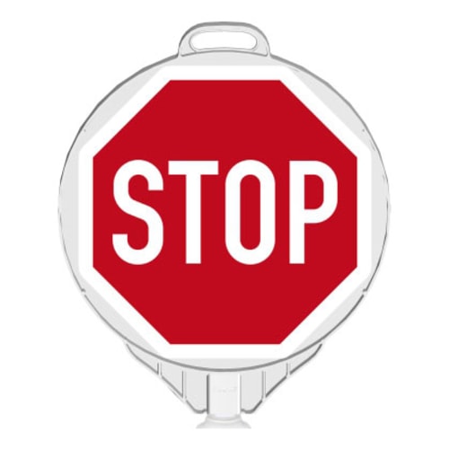 Rundes rotes STOP Schild mit weißem Rand und weißer Aufschrift