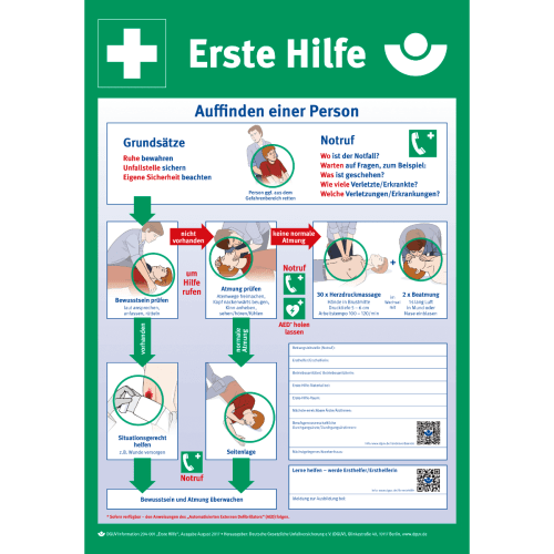 Erste Hilfe Anleitung nach DGUV Information 204-001 mit Schritten zur Auffindung einer Person, Notruf, Bewusstseinsprüfung, Atmungsprüfung, Herzdruckmassage, Beatmung und Seitenlage