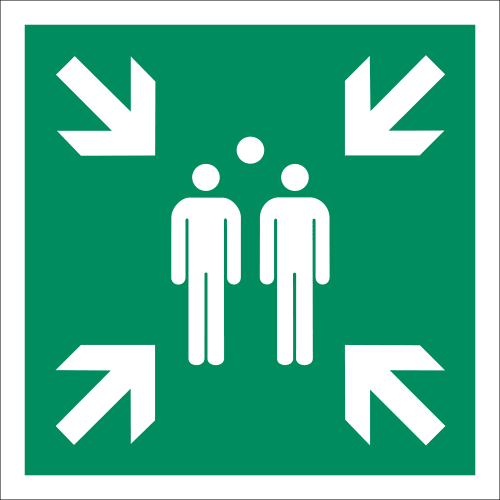 500 mm Sammelstelle nach ISO 7010 mit zwei Personen und vier Pfeilen nach innen