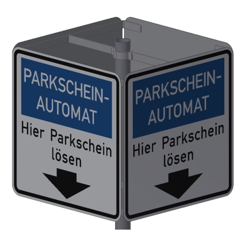 Viereckschelle für Parkscheinautomaten mit Hinweisschildern Parkschein-Automat Hier Parkschein lösen