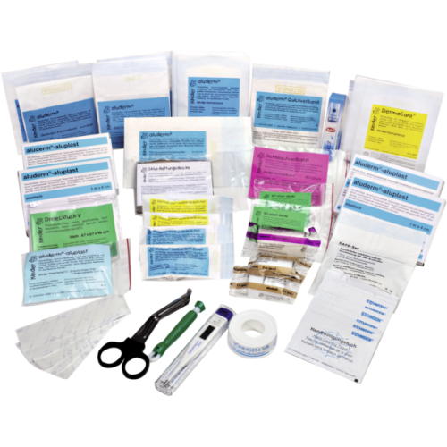 Erste-Hilfe-Füllung Frühkindliche Betreuung von Söhngen mit Verbandsmaterial, Schere, Thermometer und Pflaster