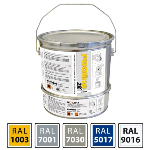 2K-Hallenbeschichtung PROline paint Metallfarbe in Dose mit RAL-Farbcodes 1003, 7001, 7030, 5017, 9016