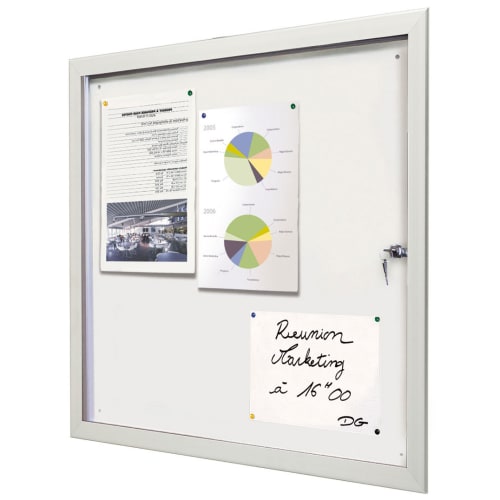 Schaukasten ECO 100 VITINCOM® mit weißen Rahmen und verschließbarer Glastür, Pinnwand mit angehefteten Dokumenten und Diagrammen