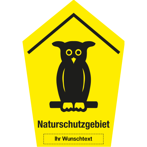Gelbes Naturschutzgebiet-Schild mit schwarzem Eulenpiktogramm und Text Naturschutzgebiet
