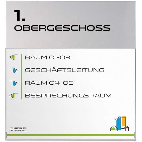 MADRID Modularer Hauptwegweiser mit Wegbeschreibung zum 1. Obergeschoss, Raum 01-03, Geschäftsleitung, Raum 04-06, Besprechungsraum