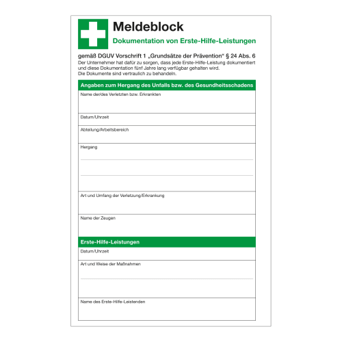 Meldeblock zur Dokumentation von Erste-Hilfe-Leistungen DIN A5 mit 50 Blatt, Formular zur Erfassung von Unfall- und Gesundheitsdaten sowie Erste-Hilfe-Maßnahmen