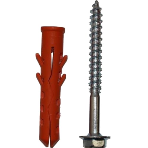 Befestigungsmaterial für Fahrbahnschwellen bestehend aus rotem Dübel und verzinkter Schraube