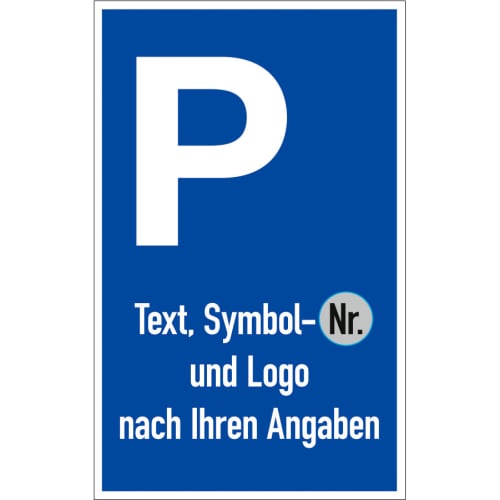 Blaues Parkplatzschild mit weißem P und Text Symbol Nr. und Logo nach Ihren Angaben