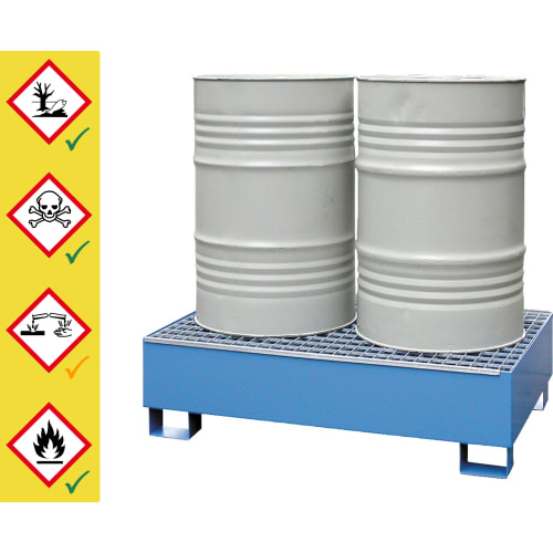 Auffangwanne aus Stahl mit zwei 200-Liter-Fässern auf einem Gitterrost, blaue Wanne