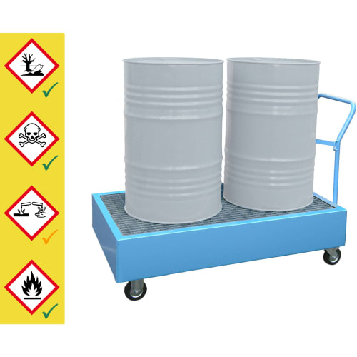 Mobiler Fasswagen mit blauer Auffangwanne und zwei grauen 200-Liter-Fässern auf Rollen