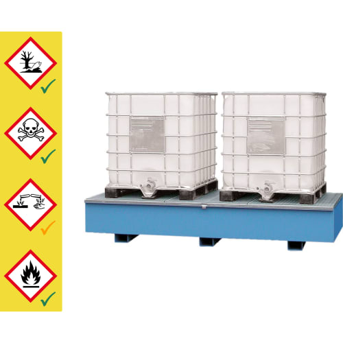Auffangwanne aus Stahl für 1000-Liter-Behälter IBC und KTC mit zwei weißen IBC-Containern