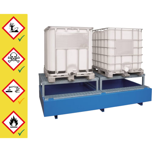 Auffangwanne aus Stahl mit zwei 1000-Liter-Behältern (IBC/KTC) und Abfüllbock, blaue Auffangwanne mit Gitterrost