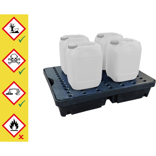 Auffangwanne aus Kunststoff PE mit vier weißen Kleingebinden, geeignet zur sicheren Lagerung von Gefahrstoffen