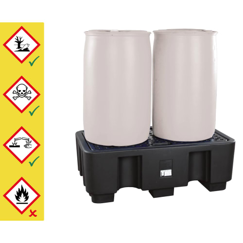 Auffangwanne aus Kunststoff mit zwei 200-Liter-Fässern, geeignet für sichere Lagerung von Flüssigkeiten