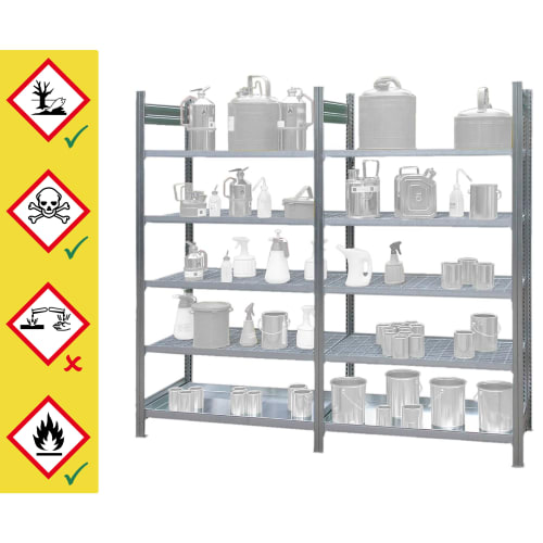 Gefahrstoffregal mit Gitterrostböden zur sicheren Lagerung von Kleingebinden mit Gefahrstoffsymbolen für Umweltgefahr, Giftigkeit und Entzündbarkeit
