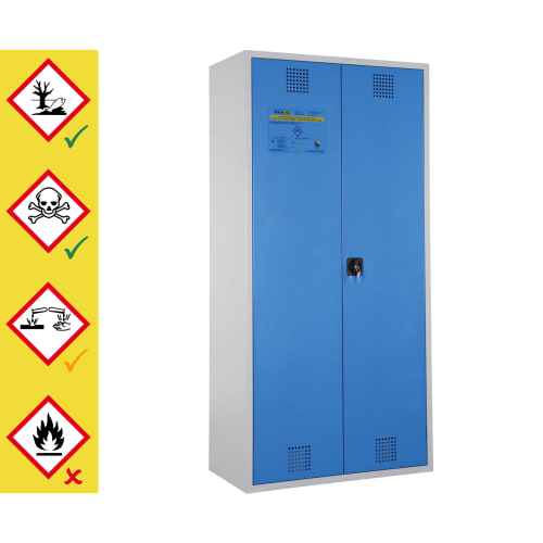 Chemikalien- und Giftschrank storeLAB mit blauen Türen und Sicherheitsschloss, geeignet zur sicheren Aufbewahrung von giftigen und umweltschädlichen Chemikalien