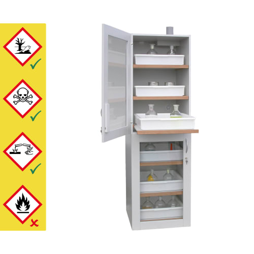 Säuren- und Laugenschrank storeLAB® mit geöffneten Türen, mehreren Regalen und chemischen Flaschen, inklusive Gefahrensymbole für Umwelt, Giftigkeit und ätzende Stoffe