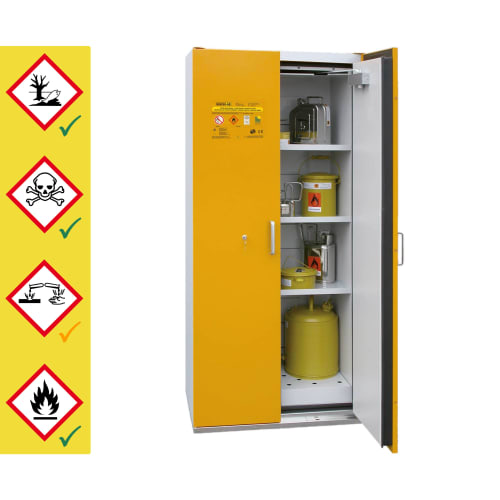 Sicherheits- und Gefahrstoffschrank SiS Typ 90 storeLAB® gelb mit geöffneten Türen und Gefahrstoffbehältern innen