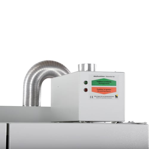 Abluftventilator für Sicherheits- und Gefahrstofflagerschrank mit flexibler Metallrohrleitung und Kontrollleuchten