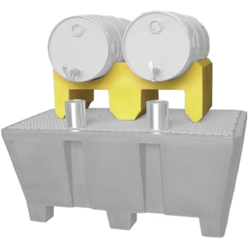 Fassbock aus Polyethylen mit zwei 60-Liter und 200-Liter Fässern auf grauer Auffangwanne