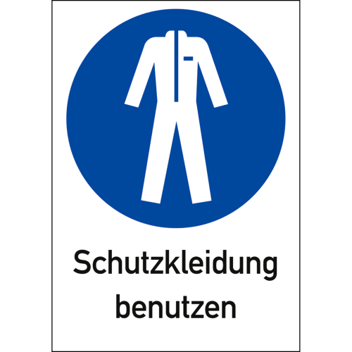 Kombischild Schutzkleidung benutzen mit weißem Schutzanzug auf blauem Kreis und Text Schutzkleidung benutzen