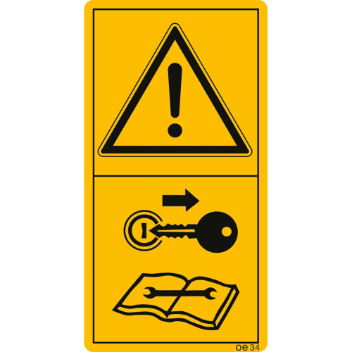 Warnschild vor Reparatur-, Wartungs- und Reinigungsarbeiten Motor abstellen und Netzstecker ziehen mit Warnsymbol, Schlüssel und Handbuch