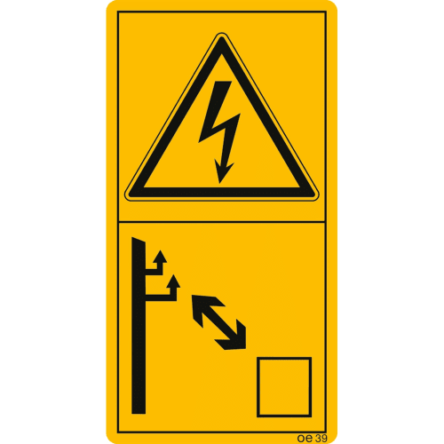 Warnschild für elektrischen Hochspannungsleitung mit Symbol für Stromschlag und Hinweis auf ausreichenden Abstand