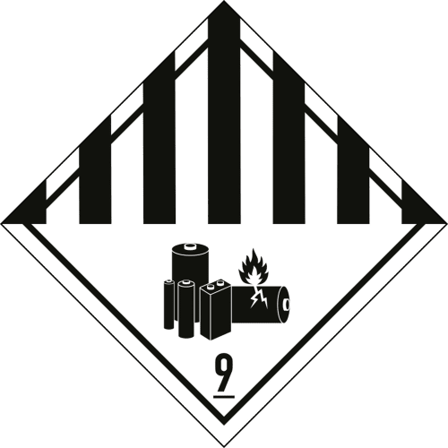 Gefahrgutetiketten Klasse 9 mit Symbolen von Batterien und Flamme für Lithium-Batterien