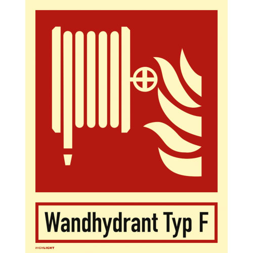 Feuerwehrschlauch Symbol mit Flammen und Schriftzug Wandhydrant Typ F in Rot und Beige