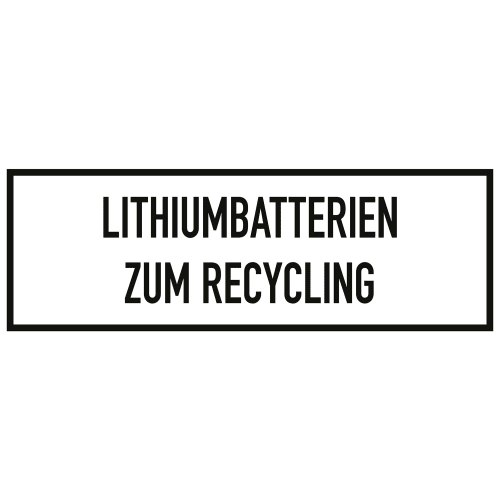 Gefahrzettel mit Aufschrift Lithiumbatterien zum Recycling in schwarzem Rahmen