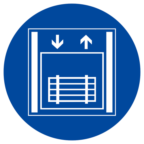 Verkehrsschild Lastenaufzug mit weißen Symbolen auf blauem Hintergrund