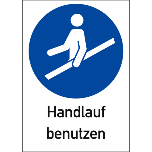 Kombischild Handlauf benutzen mit Piktogramm einer Person, die einen Handlauf hält, ISO 7010 Sicherheitszeichen