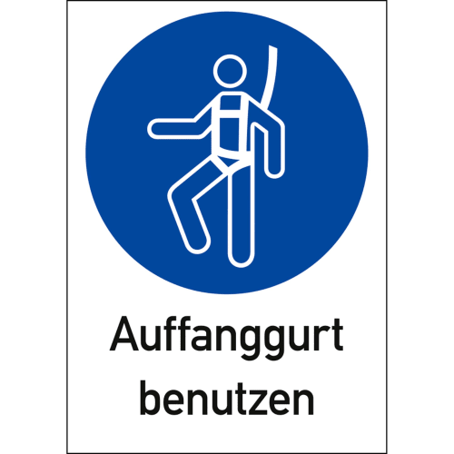 Kombischild Auffanggurt benutzen mit ISO 7010 Symbol, blaue runde Sicherheitskennzeichnung mit weißer Figur und Auffanggurt
