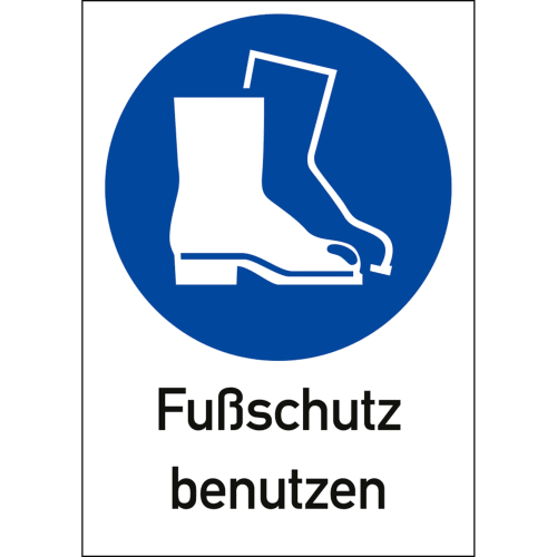 Kombischild Fußschutz benutzen mit Symbol von Sicherheitsschuhen in blauem Kreis nach ISO 7010