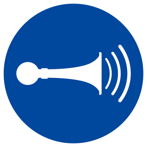 Blaues rundes Schild mit weißem Symbol einer Hupe und Schallwellen, akustisches Signal geben nach ISO 7010 M029