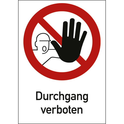Kombischild Durchgang verboten mit rotem Verbotssymbol und Handzeichen nach ISO 7010