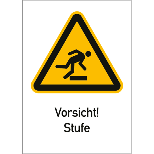 Warnschild Vorsicht Stufe mit gelbem Dreieck und Symbol einer Person, die über eine Stufe stolpert