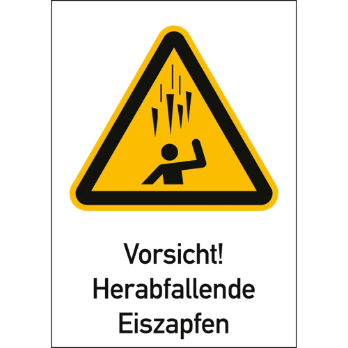 Warnschild Vorsicht herabfallende Eiszapfen mit gelbem Dreieck und Symbol einer Person unter fallenden Eiszapfen