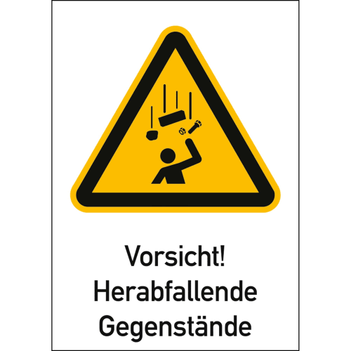 Warnschild Vorsicht herabfallende Gegenstände mit gelbem Dreieck und Symbol einer Person unter fallenden Gegenständen