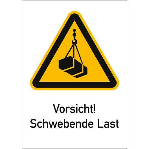 Warnschild Vorsicht schwebende Last mit Hebekran Symbol in gelbem Dreieck