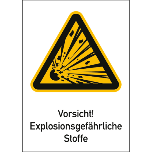 Warnschild Vorsicht! Explosionsgefährliche Stoffe mit gelbem Dreieck und Explosionssymbol