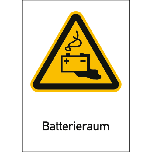 Warnschild Batterieraum mit Batteriesymbol und Gefahrensymbol ISO 7010