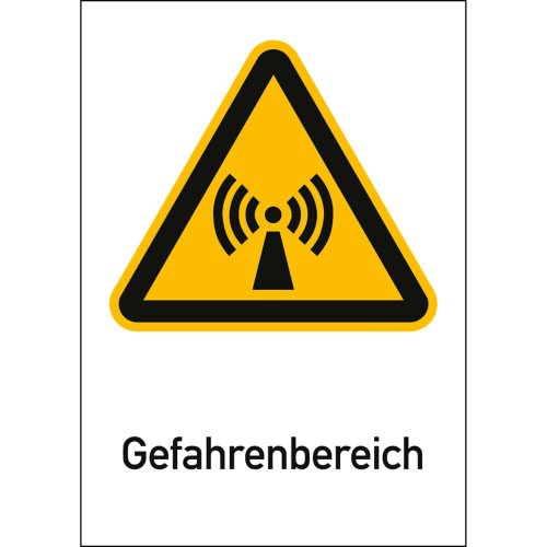 Warnschild Gefahrenbereich mit Symbol für elektromagnetische Strahlung nach ISO 7010